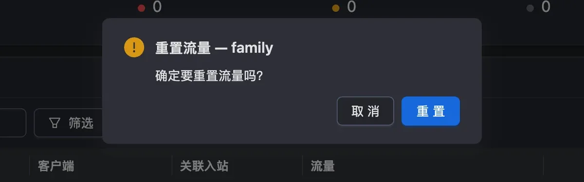 重置流量的确认框:重置流量 — family,确定要重置流量吗