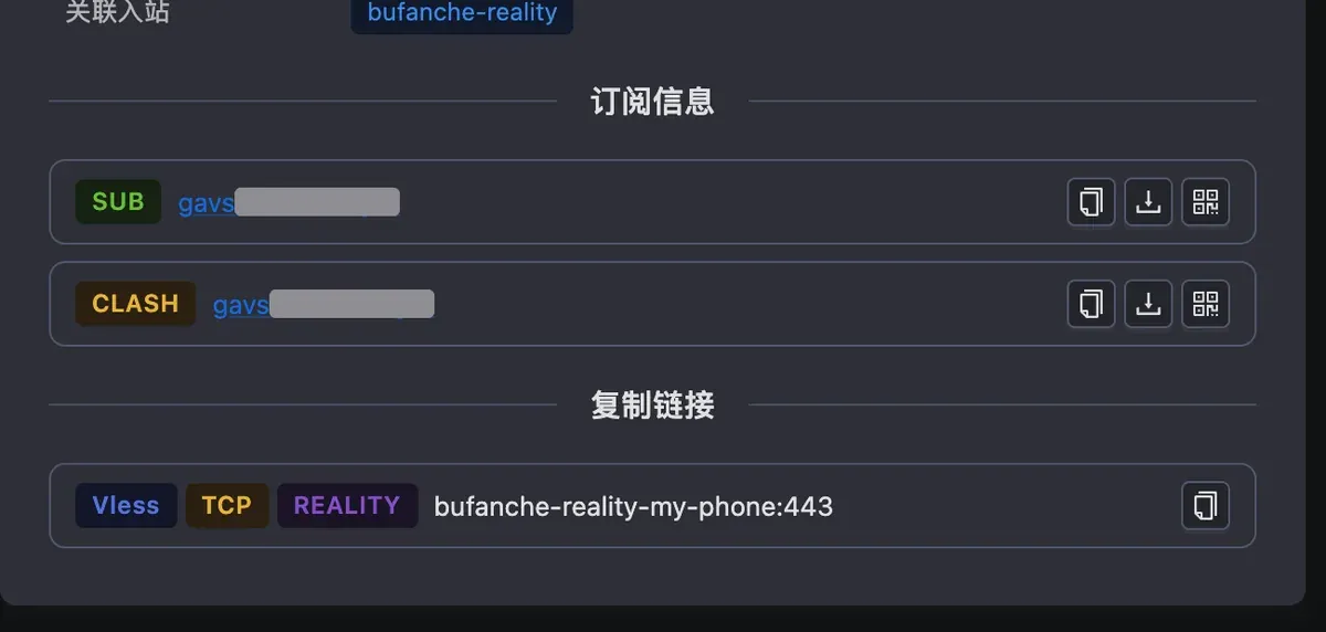 客户端信息底部的订阅信息：SUB 和 CLASH 两条，CLASH 右侧有复制按钮（订阅 ID 已遮挡）