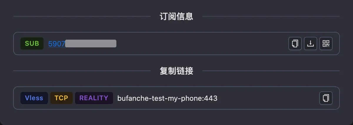 客户端信息底部:SUB 订阅链接和复制按钮(订阅 ID 已遮挡)