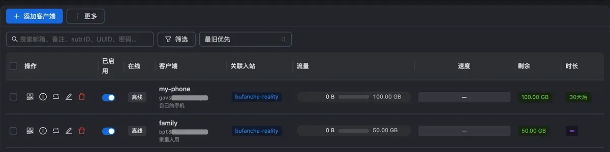 客户端列表:my-phone 100 GB 30 天后到期,family 50 GB 不限时