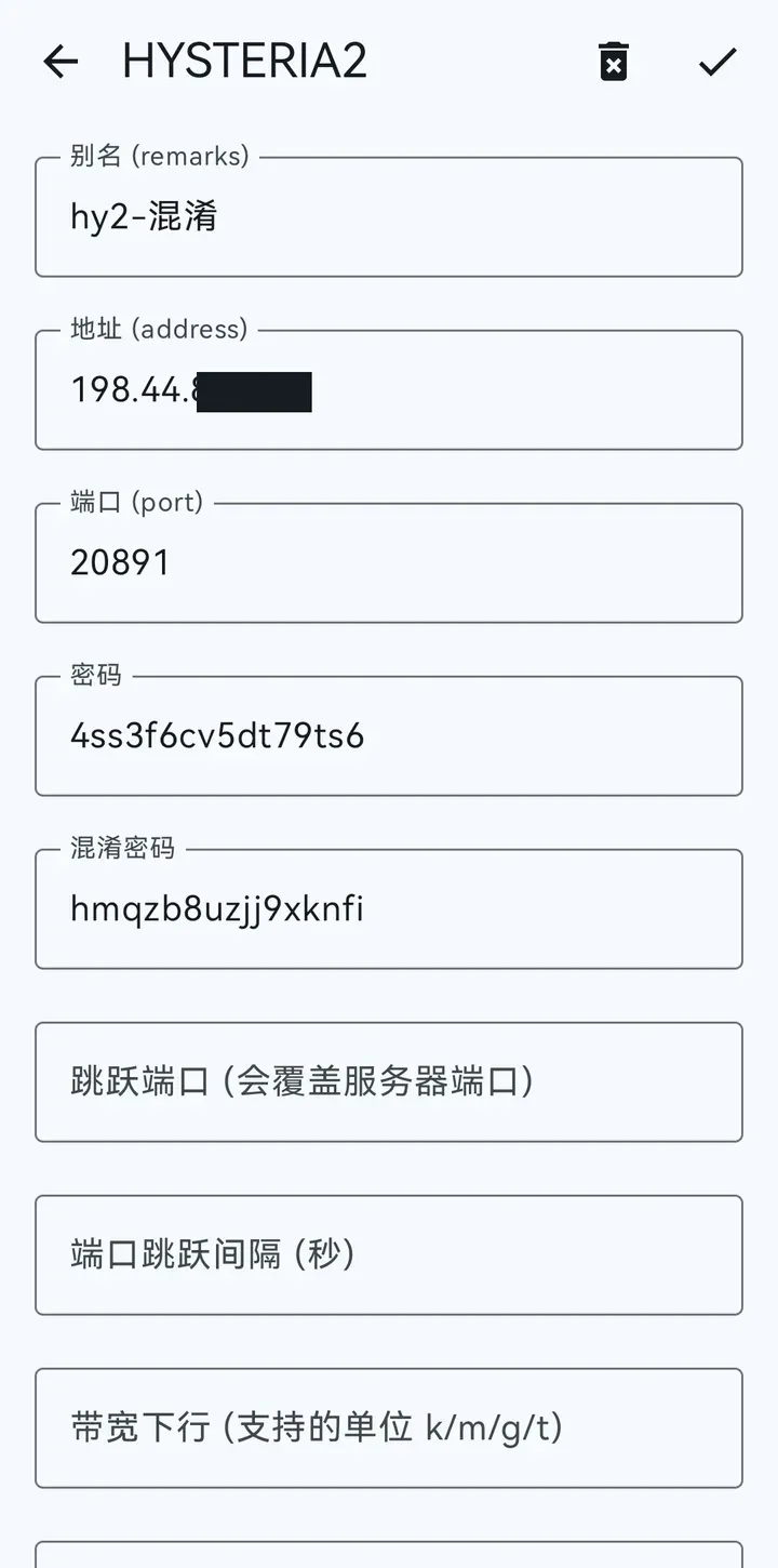 v2rayNG 的 Hysteria2 配置页，混淆密码一栏填着和服务器相同的密码，地址后两段已遮