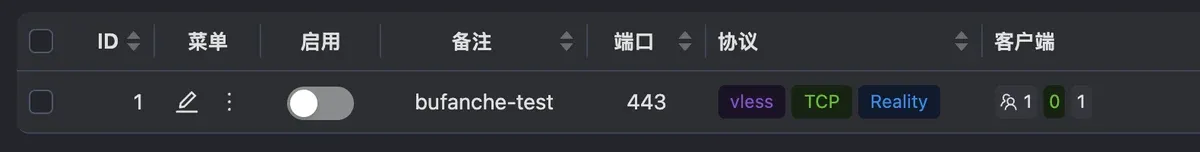 3x-ui 入站列表：bufanche-test 这条入站的启用开关是关的，端口 443，vless TCP Reality