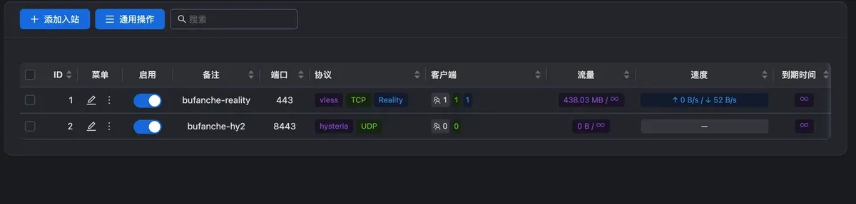 入站列表：bufanche-reality 443 vless TCP Reality，bufanche-hy2 8443 hysteria UDP