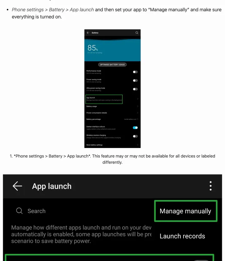 dontkillmyapp.com 华为页:Phone settings > Battery > App launch,设成 Manage manually,下面是电池设置截图