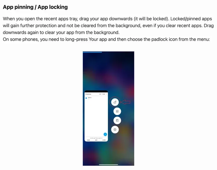 dontkillmyapp.com 小米页:App pinning / App locking,锁住的应用清理后台也不会被清掉,下面是最近任务里点小锁的示意图