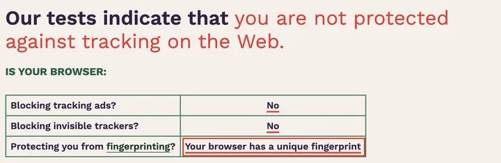 Cover Your Tracks 总表：第三行 Protecting you from fingerprinting，结果是 Your browser has a unique fingerprint