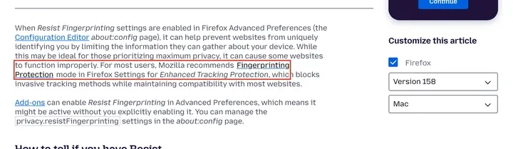 Mozilla 支持页 Resist Fingerprinting：推荐大多数人用设置里的指纹保护