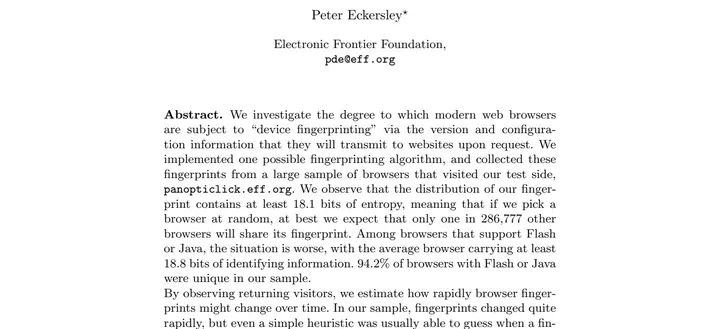 Eckersley 2010 年论文《How Unique Is Your Web Browser?》首页摘要
