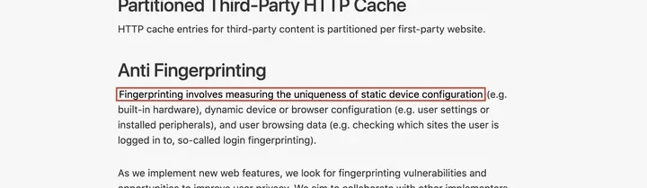 WebKit Tracking Prevention 文档 Anti Fingerprinting 一节