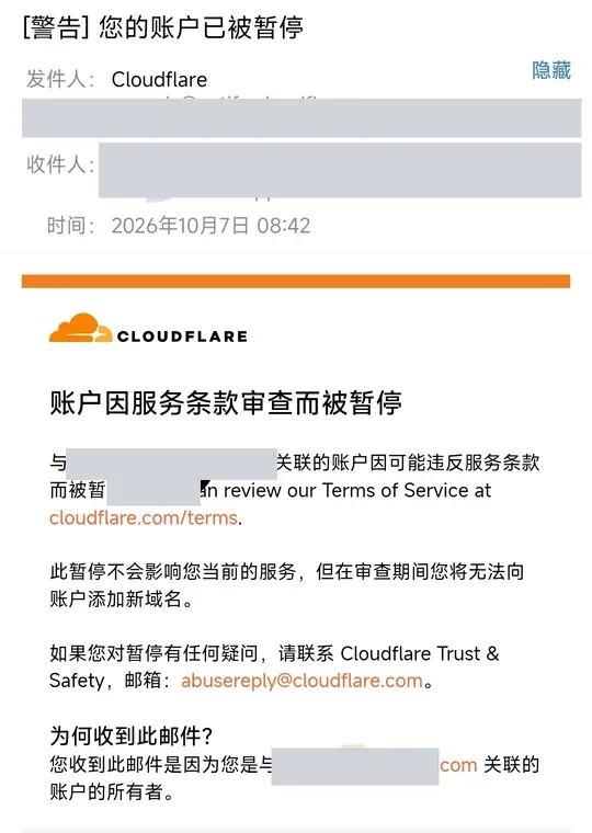 issue #1787 用户贴出的 Cloudflare 邮件：账户因服务条款审查而被暂停，审查期间无法添加新域名