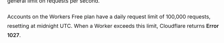 Cloudflare Workers 文档：免费版每天 100,000 次请求，UTC 零点重置