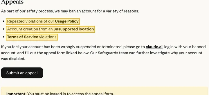 帮助中心：封号原因包括 Account creation from an unsupported location