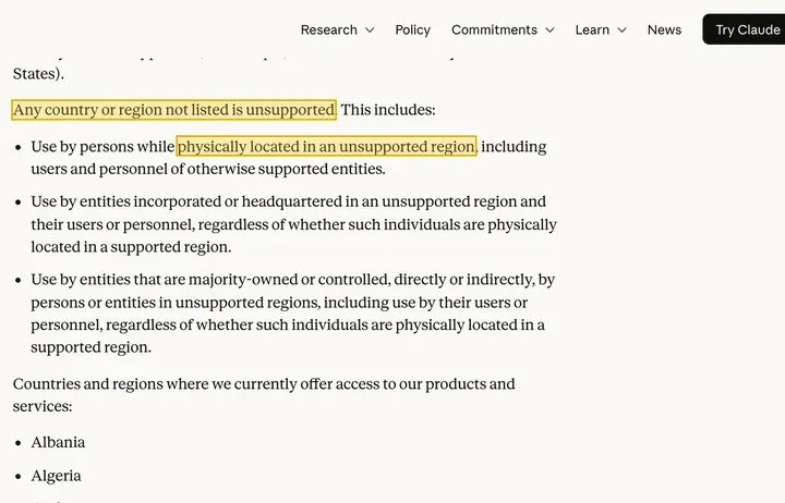 开放地区页：Any country or region not listed is unsupported，包括 physically located in an unsupported region
