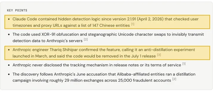MLQ.ai 报道要点：Anthropic 工程师称其为 3 月上线的防蒸馏实验，7 月 1 日版本移除