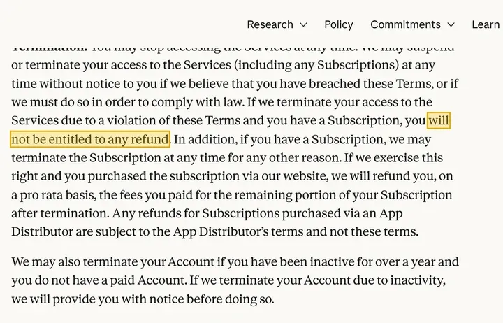 服务条款：due to a violation of these Terms … you will not be entitled to any refund
