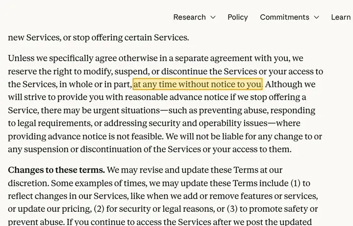 服务条款：may suspend or terminate … at any time without notice to you