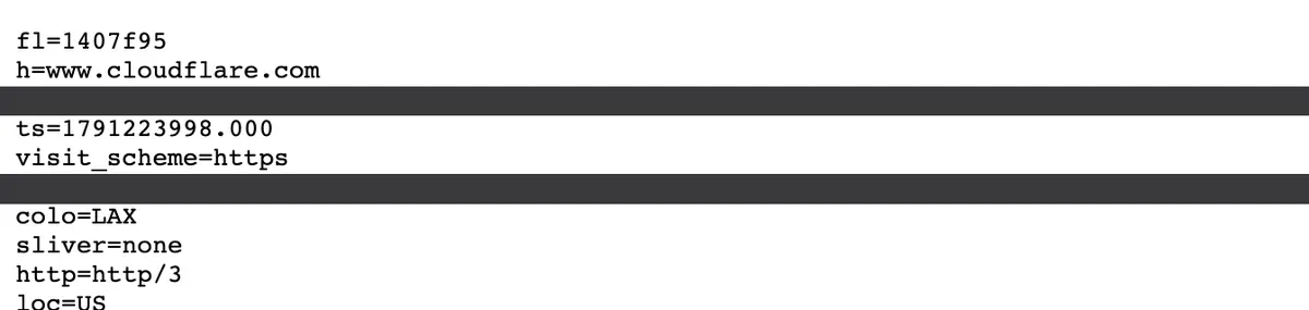 Cloudflare 检测页 cdn-cgi/trace 的输出，其中一行是 http=http/3，本机 IP 等行已用色块遮挡