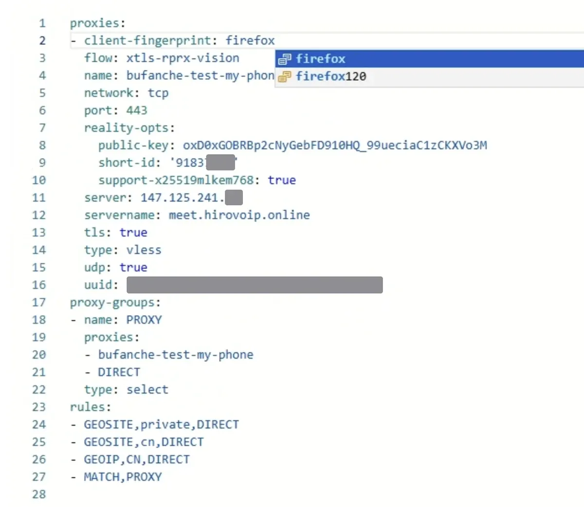 编辑文件：client-fingerprint 改成 firefox（UUID、short-id 已打码）
