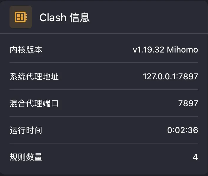 Clash 信息：内核 v1.19.32 Mihomo，端口 7897