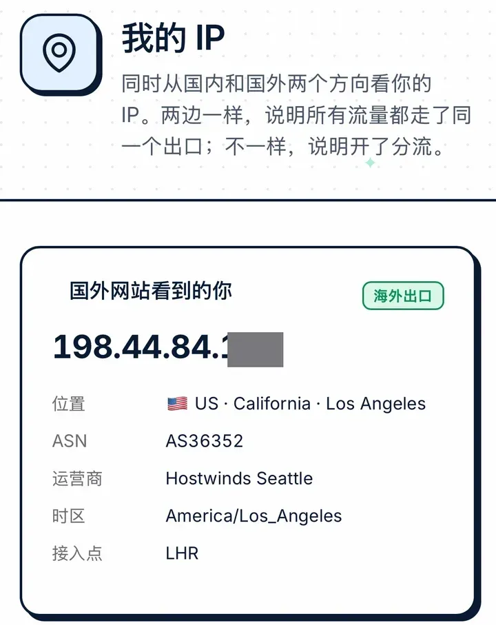 不翻车「我的 IP」工具:国外网站看到的出口 IP、位置、ASN 和运营商(IP 末段已打码)