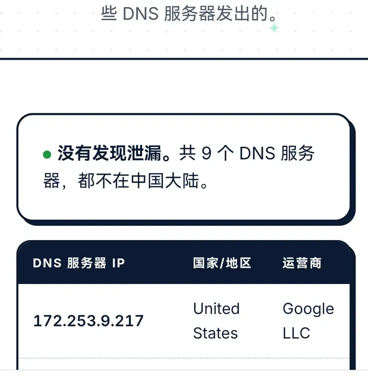 不翻车 DNS 泄漏检测:没有发现泄漏,共 9 个 DNS 服务器,都不在中国大陆