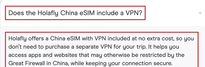 Holafly 中国套餐常见问题:VPN included at no extra cost,能访问被防火长城限制的应用和网站