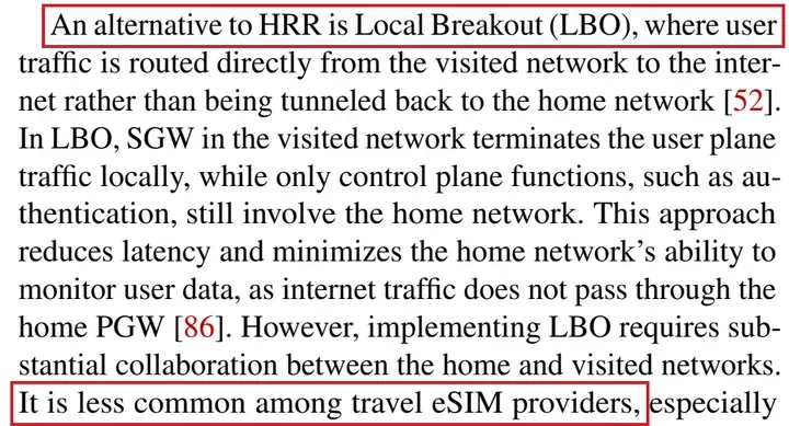 论文原文:Local Breakout 的定义,以及 It is less common among travel eSIM providers