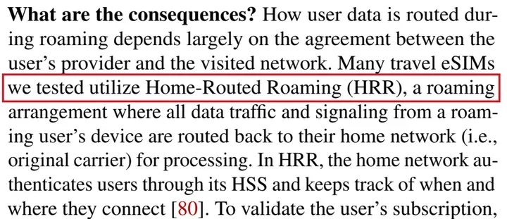 论文原文:Many travel eSIMs we tested utilize Home-Routed Roaming (HRR)