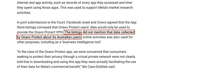 ACCC 新闻稿：The listings did not mention that data collected by Onavo Protect about its Australian users’ online activities was also used for other purposes