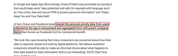 ACCC 新闻稿：Onavo and Facebook Israel shared the personal activity data from users collected by the app in anonymised and aggregated form with parent company Meta