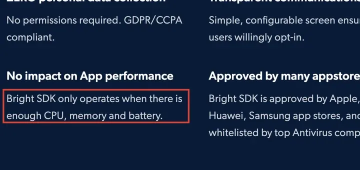 Bright SDK 官网：Bright SDK only operates when there is enough CPU, memory and battery