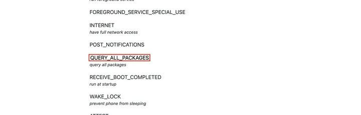 Exodus 报告权限列表：QUERY_ALL_PACKAGES，query all packages