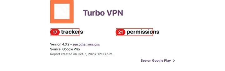 Exodus 报告：Turbo VPN 4.3.2，17 trackers，21 permissions