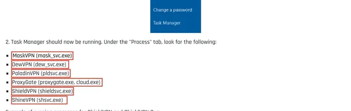 FBI 页面：Task Manager 里要找的六个进程名，MaskVPN (mask_svc.exe) 到 ShineVPN (shsvc.exe)