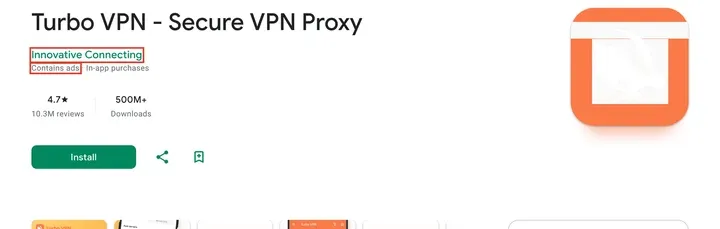 Google Play 上的 Turbo VPN 页面：开发者 Innovative Connecting，含广告、应用内购买