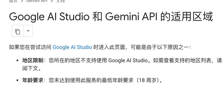 Google 开发者文档:Google AI Studio 和 Gemini API 的适用区域,地区限制和 18 周岁年龄要求