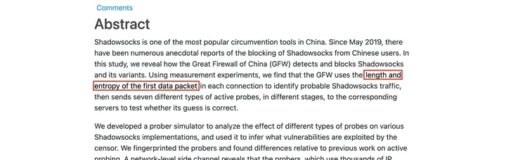 IMC 2020 论文摘要：墙用每条连接第一个数据包的长度和熵识别疑似 Shadowsocks 流量