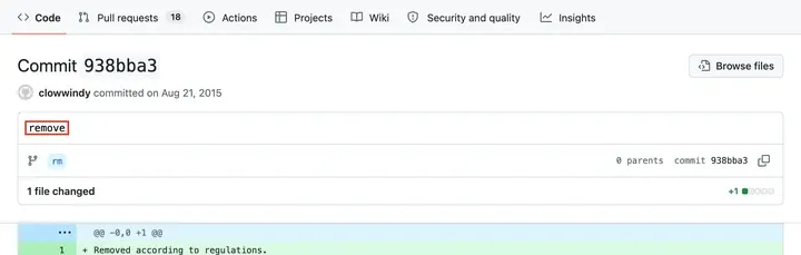 GitHub 提交 938bba3：clowwindy 2015 年 8 月 22 日提交 remove，README 只剩 Removed according to regulations