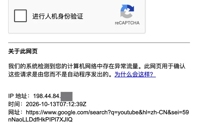 Google 人机验证页:我们的系统检测到您的计算机网络中存在异常流量(IP 末段已打码)