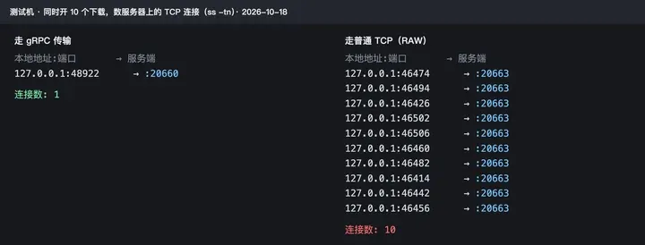 测试服务器 ss -tn：gRPC 连接数 1，普通 TCP 连接数 10