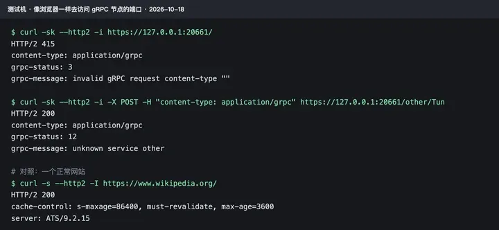 像浏览器一样访问 gRPC 端口：HTTP/2 415、grpc-status 3；换服务名回 unknown service other