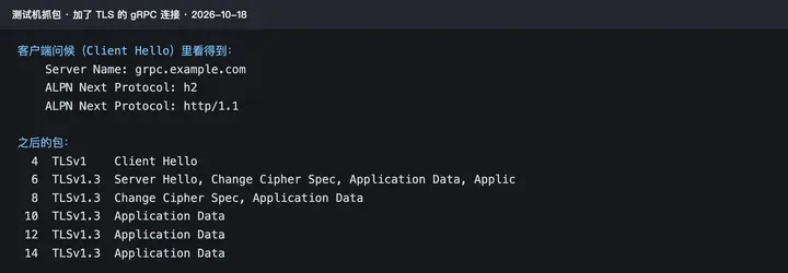 套上 TLS 后抓包：Client Hello 里只有 Server Name 和 ALPN h2，之后全是 Application Data