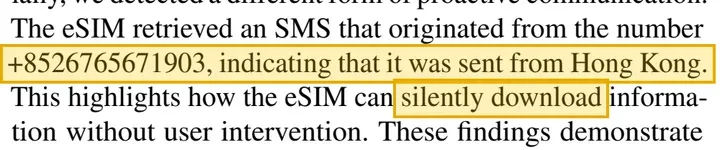 论文正文:eSIM 收到来自 +852 号码的短信,可以在用户不介入的情况下静默下载信息