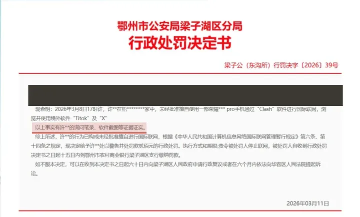 鄂州梁子湖区公安分局行政处罚决定书：证据为询问笔录、软件截图（身份信息已打码）