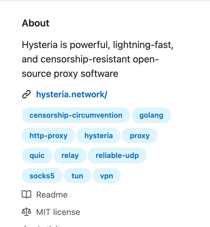 GitHub 上 apernet/hysteria 仓库的 About 栏，标着 MIT license