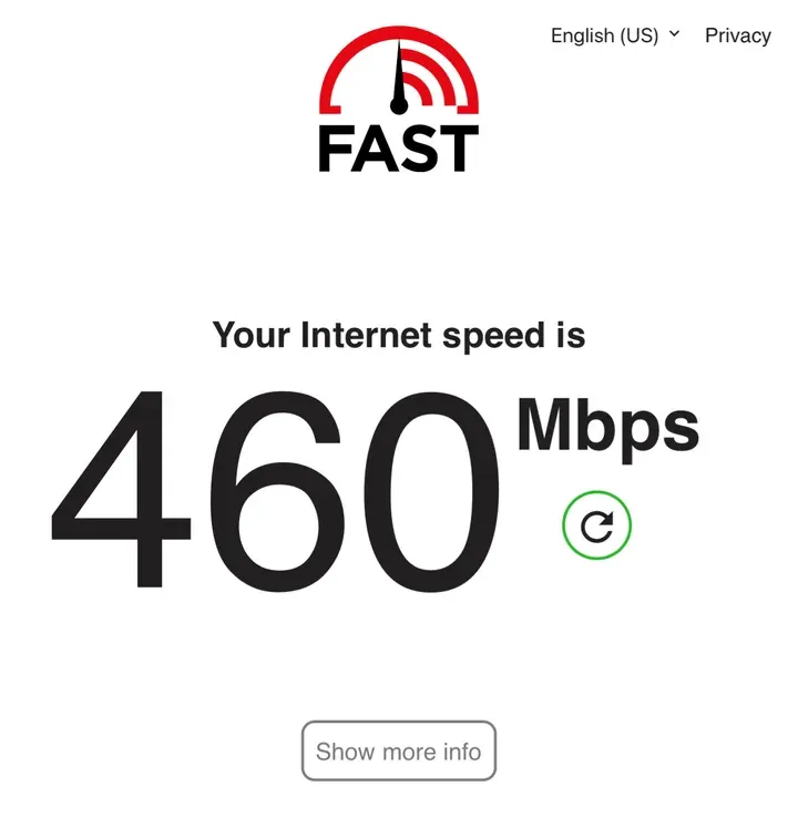 快连VPN 第 2 次测速,自动分到加拿大节点,Fast.com 下载 460 Mbps