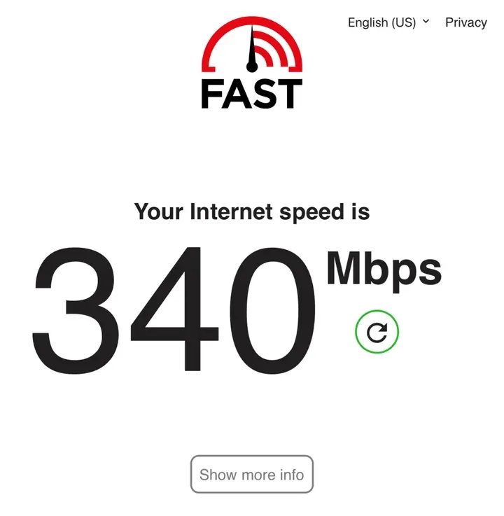 快连VPN 第 1 次测速,自动分到日本节点,Fast.com 下载 340 Mbps