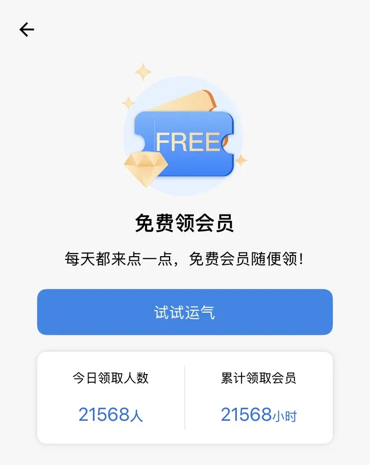 快连VPN“免费领会员”页:写着“每天都来点一点,免费会员随便领”,今日领取人数 21568 人,累计领取会员 21568 小时