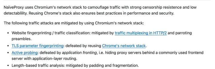 NaiveProxy README 开头：用 Chromium 的网络栈伪装流量，以及它针对的四类流量识别手段