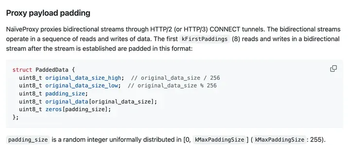 NaiveProxy README 填充协议：每条流开头 kFirstPaddings（8）次读写加填充，填充长度在 0 到 255 之间随机